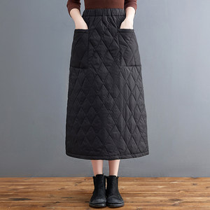 Thick cotton group skirt mid -length long skirt in winter windshield windshield loose waist A -line skirt thickened casual