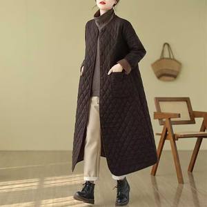 
Retro solid color diamond cotton coat for women in winter new loose V-neck slim long cotton coat windbreaker over knees