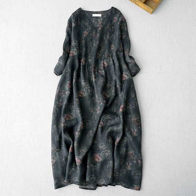 Literary ramie printed V-neck three-quarter sleeve dress spring and summer new women's clothing simple thin linen A-line skirt colorful long skirt