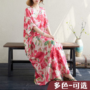 Red flower over the knee long skirt summer flower color holiday wind tour Virusing long skirt cover meat cotton and linen dress
