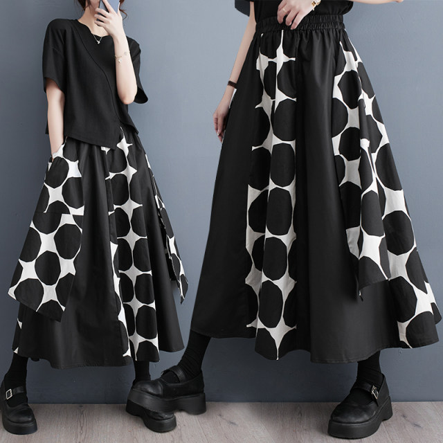 Discounted summer new loose dark solid color large polka dots personalized matching piece splicing casual versatile skirt umbrella skirt