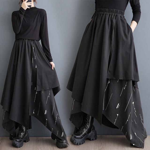Discount autumn and winter new dark irregular skirt fashionable versatile print splicing to make the slim long skirt design