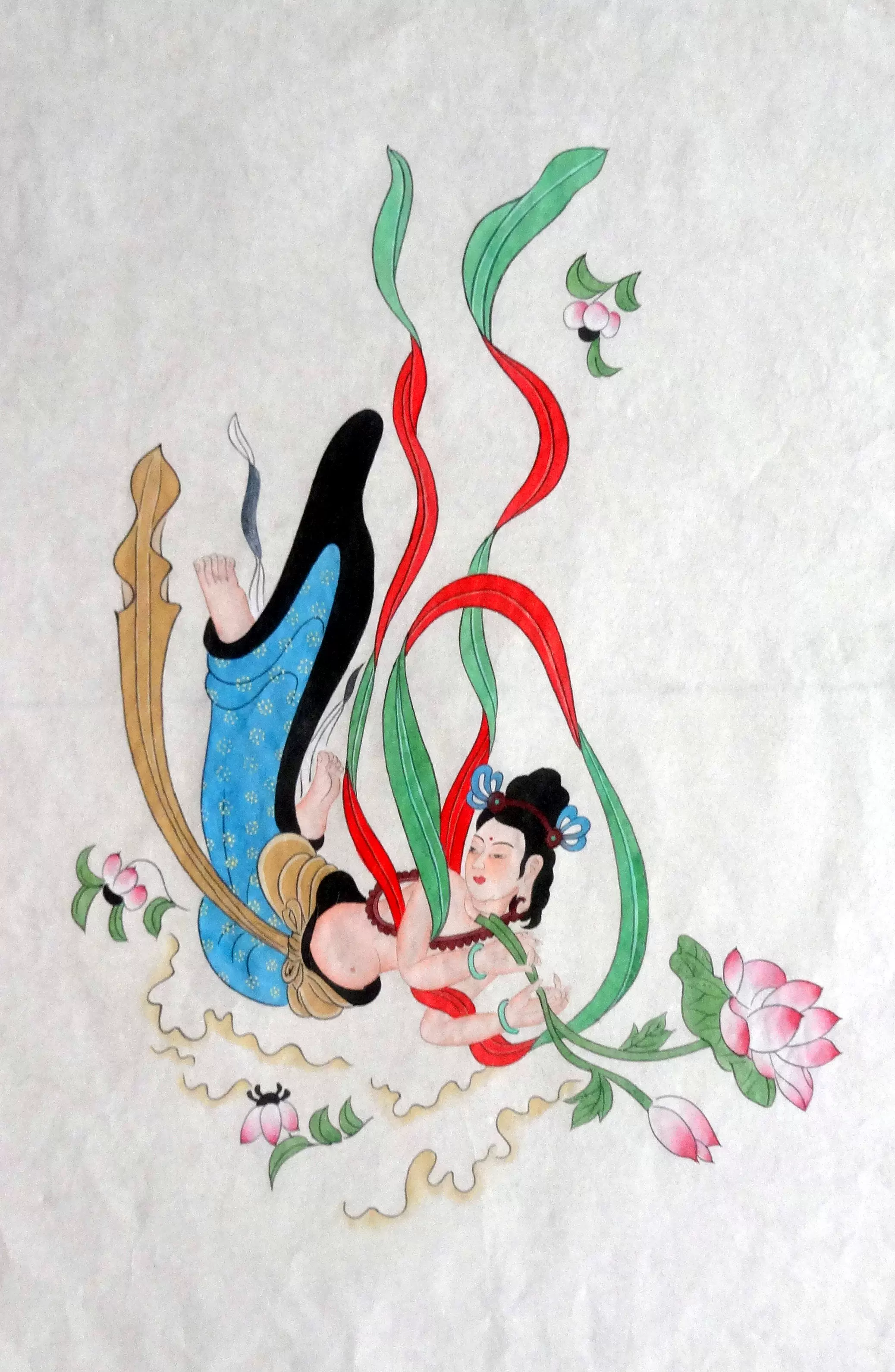 中国古美術・張大千款・飛天人物画・掛軸・純手描き・文房置物・水墨画・書道品・絹本 □観心・時代旧蔵□C7602中国古書道◇張大千 描金紅蓮 金箋紙本