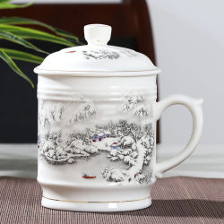 Jingdezhen Ceramic Tea Cup with Lid, Large Capacity Household Water Cup, High-End Office Blue and White Porcelain Cup with Engraving