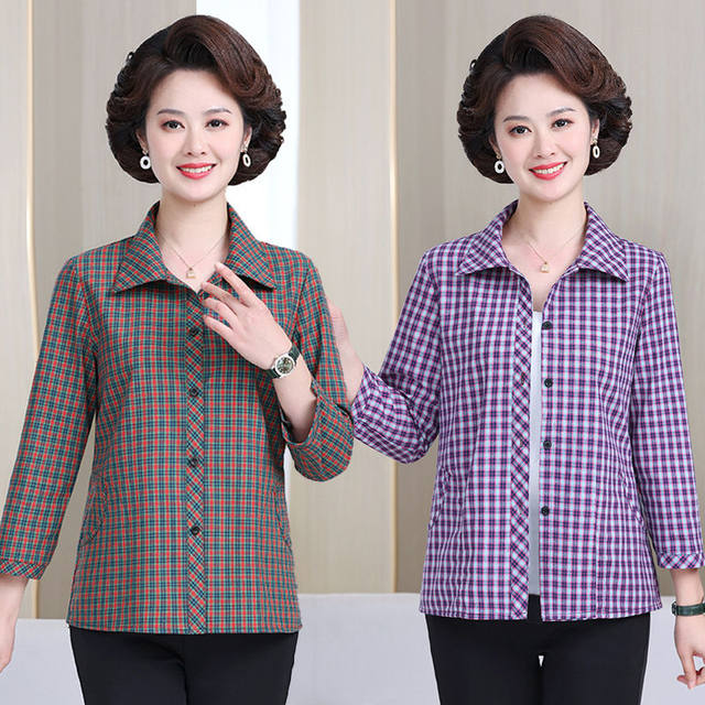 Mom cotton shirt female long -sleeved whole cotton spring and autumn clothes middle -aged and elderly mother -in -law shirt grid shirt female loose size
