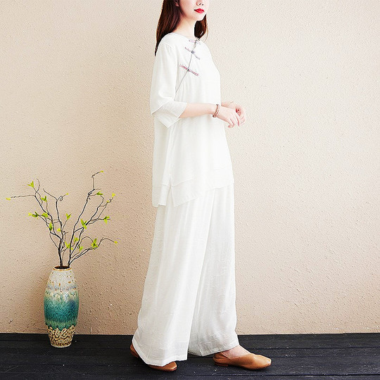 Completo Donna in Cotone e Lino Stile Cinese, Vestibilità Ampia