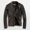 Schotts imported calfskin distressed stand collar slim fit short motorcycle suit leather jacket men,s leather jacket