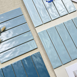 Salt-Based Ocean Blue Pearl Glaze Mosaic Tiles for Bathroom, Kitchen, Long Strip Retro Wall Tiles, Bauhaus Style