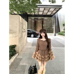 
Retro plush spliced ​​long-sleeved knitted dress for women in autumn, slim high-waisted sweater skirt temperament A-line short skirt