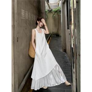 French white square neck vest dress women's summer irregular splicing long skirt sleeveless loose a-line skirt
