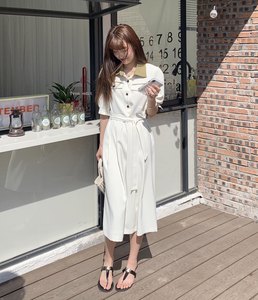 Y.VON韩版口袋设计感拼色雪纺连衣裙女春新款短袖polo领高腰长裙