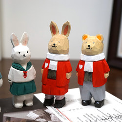 Handmade Wood Carving Rabbit and Bear Cartoon Wooden Healing-Style Desktop Decorations Small Ornaments Gifts for Girls