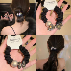 Luxurious and High-End Brand Hair Tie with Sparkling Rhinestones and Bow, High Elasticity, Thickened Brand Hair Rope for Tying Hair