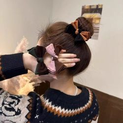 Korean-Style Dongdaemun Autumn and Winter Color-Blocking Bow High-Elastic Hair Tie, Fashionable and Versatile, Gentle on Hair, Elegant Hair Band