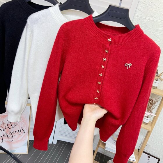 
New Year's Red Bow Button Knitted Cardigan Women's Spring and Winter New Style Small Fragrance Style High Waist Slim Sweater Jacket Top
