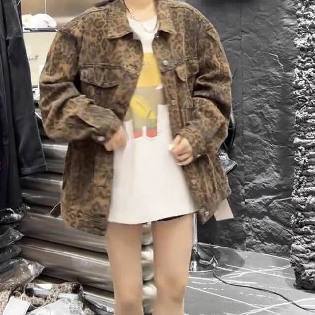 American retro leopard print denim jacket for women trendy spring and autumn hot girls individually loose mid-length work jacket top
