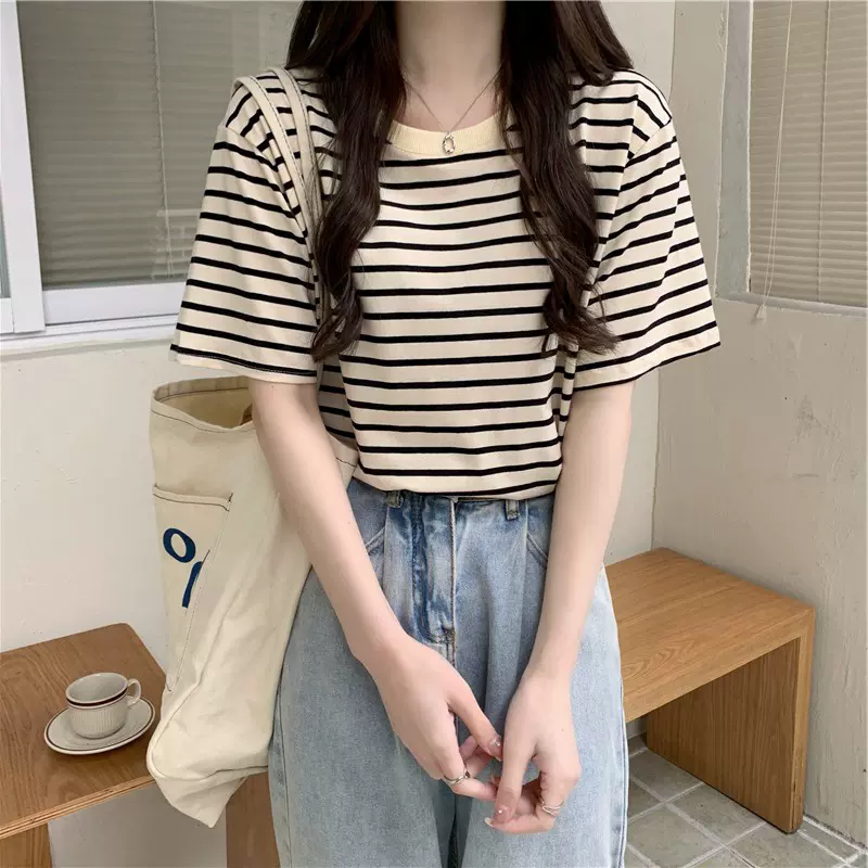 2023年新款别致甜酷上衣条纹圆领短袖t恤女装夏季设计感小众ins潮-Taobao