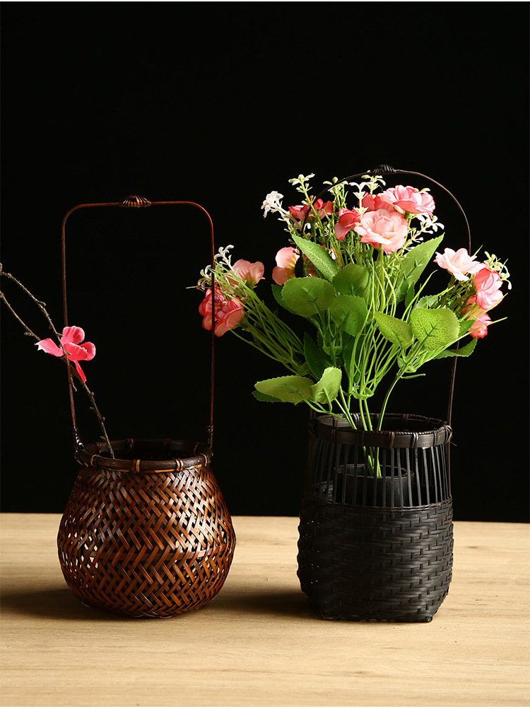 竹編み花かご - 禅スタイル花瓶 - 三竹職人技