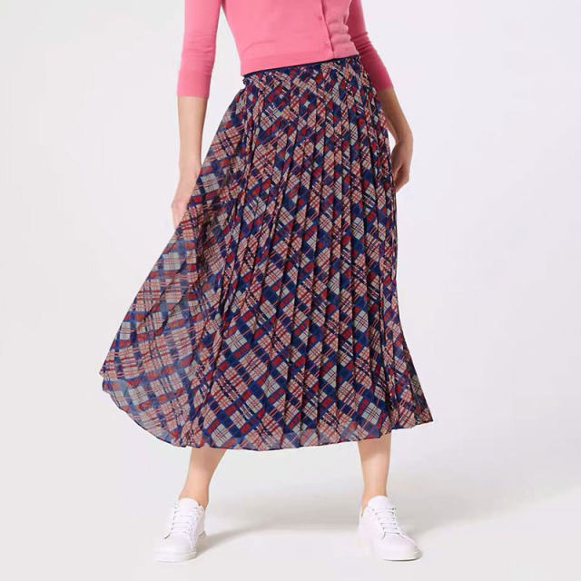 European and American Fashion 2023 Spring and Autumn British plaid print retro commuter chiffon long pleated skirt skirt skirt