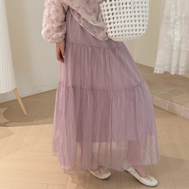 2025 spring yarn splicing cake skirt mid-length skirt A-line skirt trendy and fashionable elastic waist versatile European texture 438