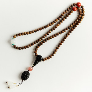 
Guardian Hainan Agarwood 7mm 108 sub-bracelet necklace dual-purpose pagoda green animal face south red Hetian jade with beads