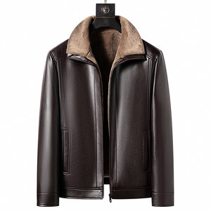 
Winter Haining genuine leather jacket for middle-aged and elderly men, short lapel leather jacket, fur one-piece plus velvet jacket for dads