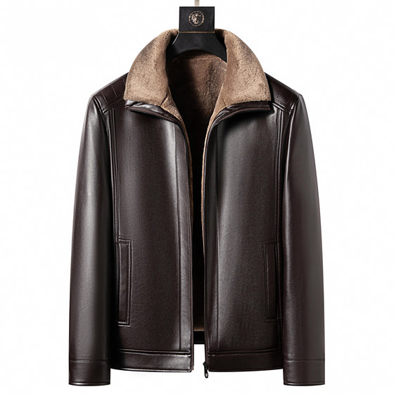 
Winter Haining genuine leather jacket for middle-aged and elderly men, short lapel leather jacket, fur one-piece plus velvet jacket for dads