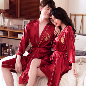 
Women's thin summer long sexy nightgown two-piece ice silk pajamas summer morning robe big brand couple's bathrobe