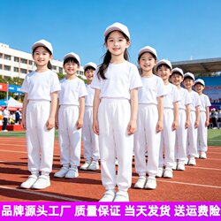Children's Pure White Sports Suit for June 1St Performance, Elementary School Students' Sports Meeting Team Exercise Outfit, White Short-Sleeve Top and Long Pants