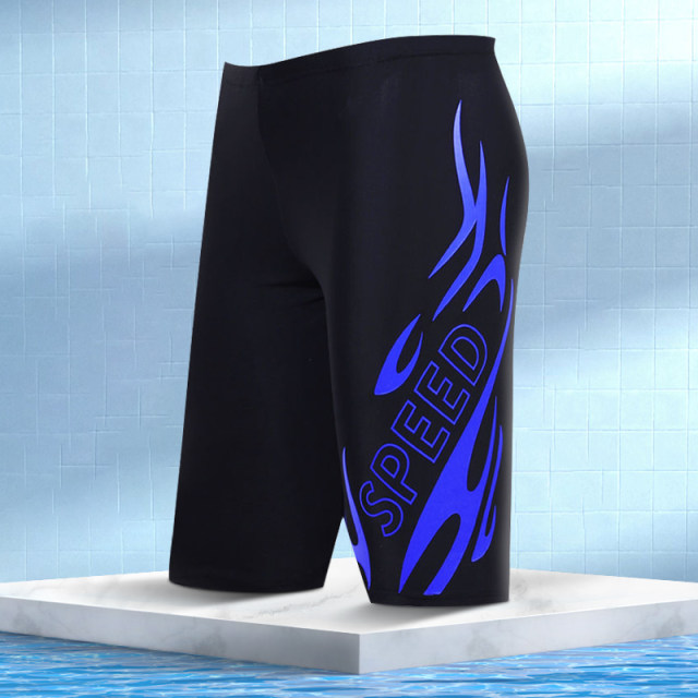 Men's swimsuit for adults, comfortable, fashionable, long-legged, five-point personalized print, plus fat, extra-large anti-embarrassment elastic men's swimming trunks