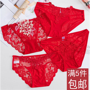 Women's natal year big red triangle panties cotton stall low waist sexy transparent lace seductive thin wedding pants female