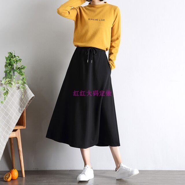 New A-line mid-length skirt in spring, summer and autumn OL solid color literary sports casual loose big sway fat MM elastic waist