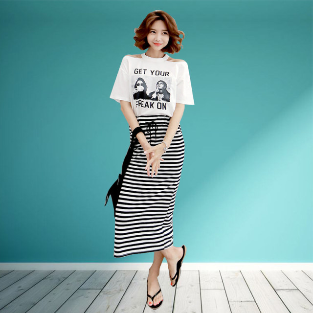 New casual and versatile personality summer mid-length skirt striped hip straight pocket rear slit sports high-waisted skirt