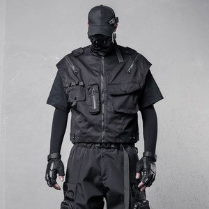 Niche functional hardcore tactical vest men's short summer dark stand collar zipper design tooling loose vest thin