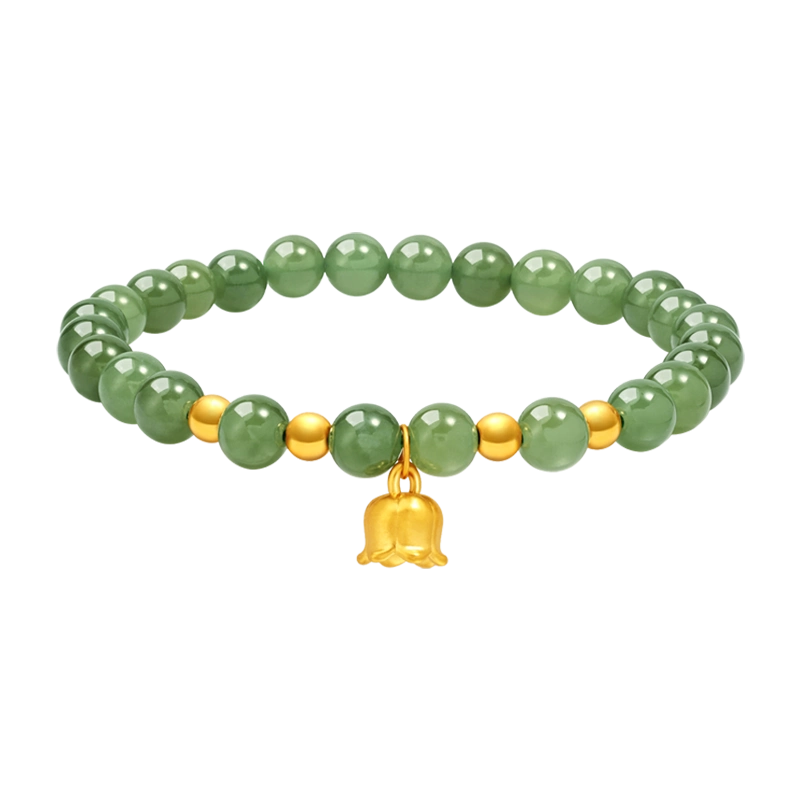 老庙黄金足金福运铃兰和田玉间金珠手串5D良