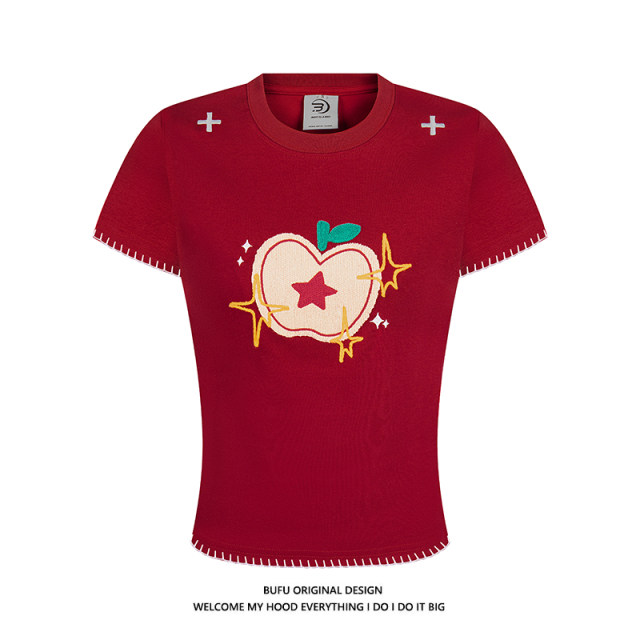 Billionaire BUFU American retro small apple embroidered short-sleeved T-shirt for women in summer sweet and spicy style shoulder slim tee