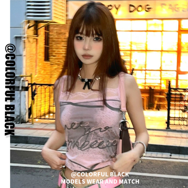 Sweet and cool hot girl pure and sexy suspender vest for women pink spliced ​​lace sleeveless inner and outer short top