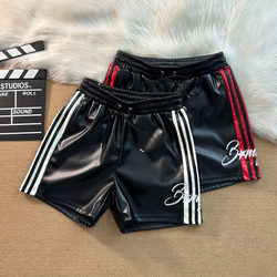 American retro three-stripe embroidered leather shorts
