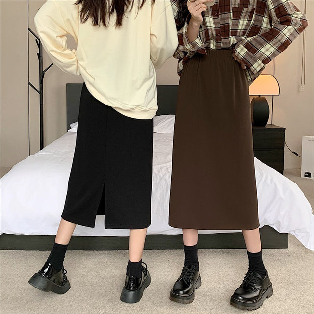 Black skirt mid-length spring and summer large size high waist slimming one-step skirt elastic waist commuting slit A-line long skirt
