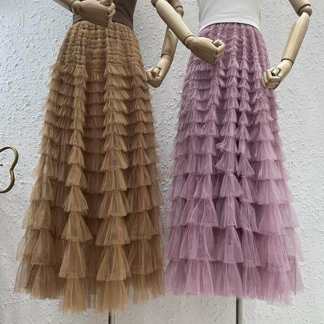 Fat mm large size design sensor lotus leaf edge mid -length fairy skirt female summer high waist A -type mesh cake skirt

