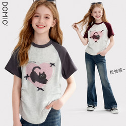 Girls' Short-Sleeved T-Shirt, New Summer 2026 Style, Trendy Children's Cartoon Top, Fashionable Kids' Clothing for Older Children, Korean Style for Teenagers