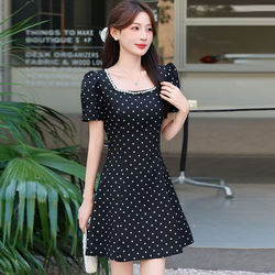 Summer Polka Dot Dress for Petite Women 2026 Trendy Casual Square Neck Mid-Length A-Line Dress Elegant Slimming Trendy