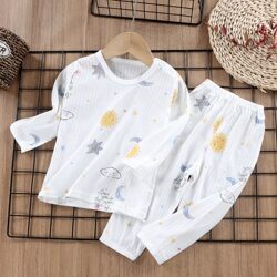 New Children's Pure Cotton Home Clothes Set, Summer Long-Sleeved Pajamas, Thin Air-Conditioned Clothes, Boys and Girls Clothing