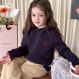 
Korean 2026 children's sweater jacket for boys and girls, pony embroidered zipper hooded knitted cardigan top, fashionable