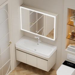 Wall-Mounted Cream-Style Multi-Layer Solid Wood Bathroom Cabinet and Washbasin Combination for Small Bathrooms with Integrated Ceramic Washbasin
