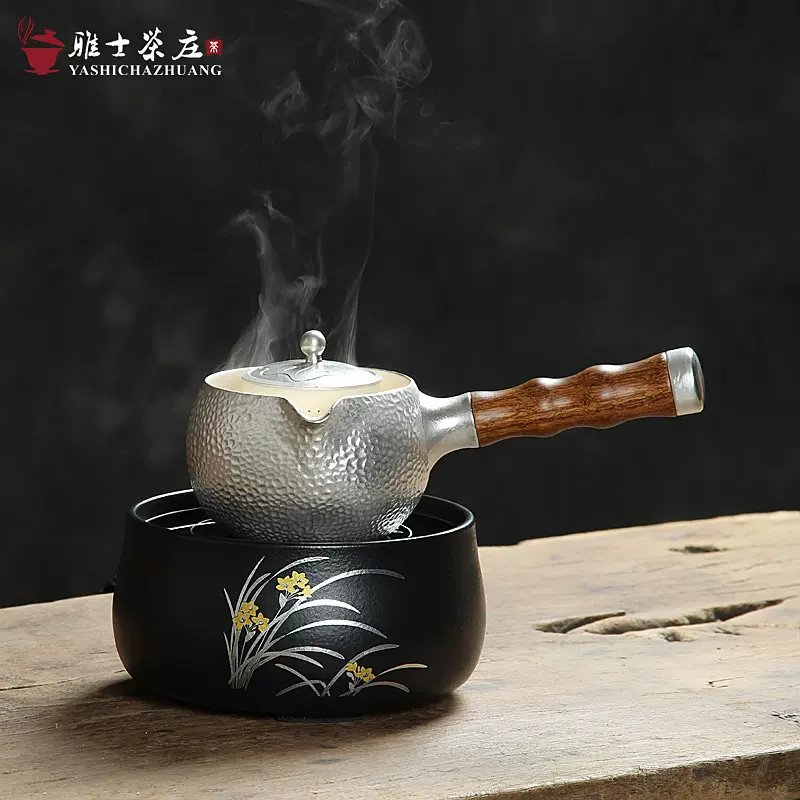 日式煮茶器纯银饰侧把壶莺歌烧电陶炉茶道电磁炉温茶过滤煮茶壶