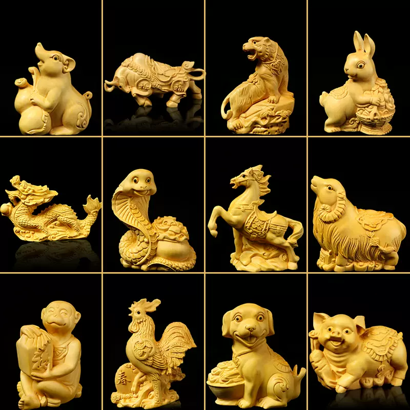 黄杨木雕刻十二生肖鼠牛虎兔龙蛇马羊猴鸡狗猪实木摆件动物手把件-Taobao