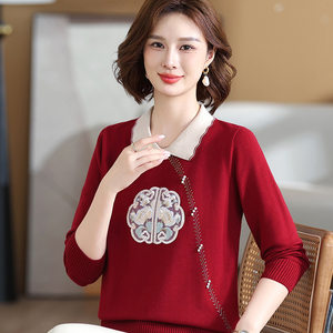 Mom installed in the fall of 2024 new Chinese lapel knit jacket middle -aged and elderly women's spring and autumn thin sweater
