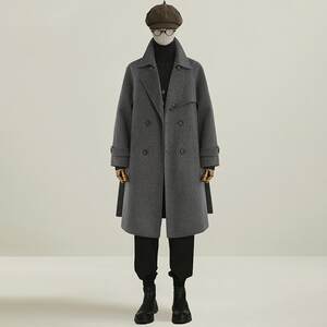 
[PEICHUAN] Double-sided woolen coat men's knee-length suit collar woolen coat belt