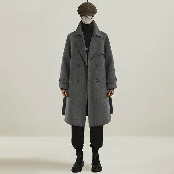 
[PEICHUAN] Double-sided woolen coat men's knee-length suit collar woolen coat belt